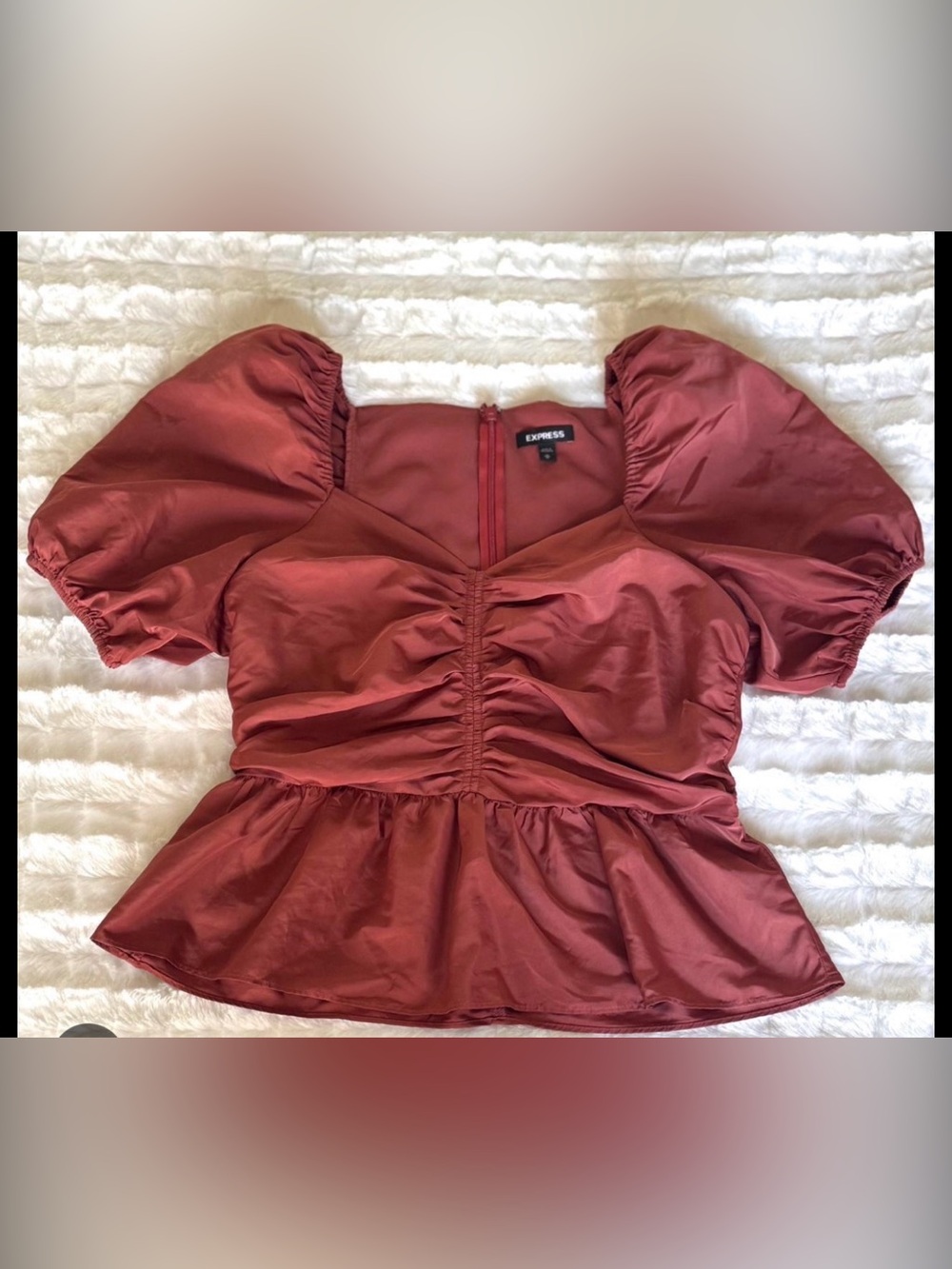 Express Rust Red Puff Sleeve Peplum Blouse